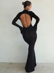 Elegante Sexy Back Hollow Out Maxi Dress donna mezzo collo alto Flare manica lunga abiti aderenti Lady Chic banchetto abito da sera