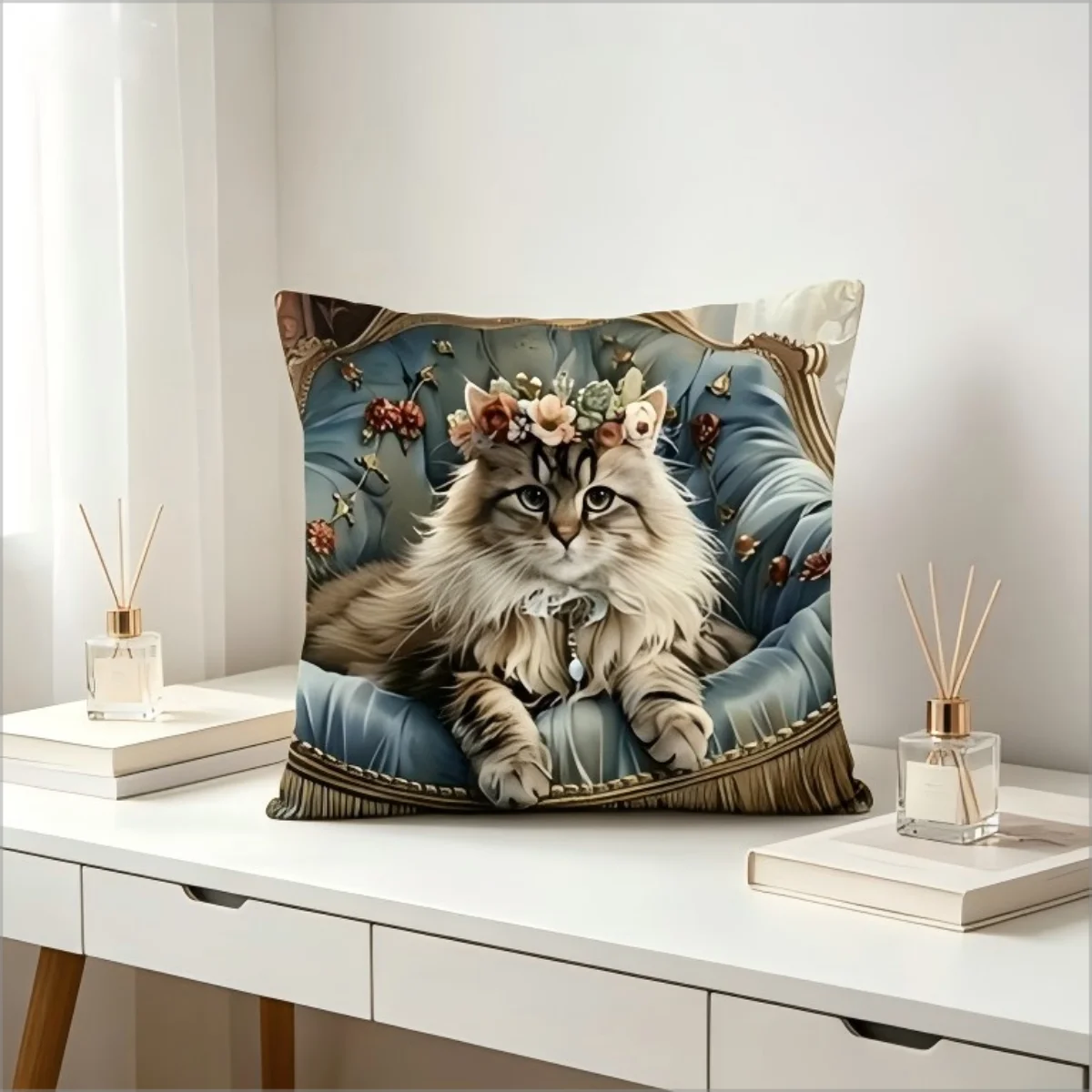 Regal Royal Cat Throw Pillow Cover, Victorian Longhair Cat with Flower Crown on Ornate Chair Decorative Pillow Case