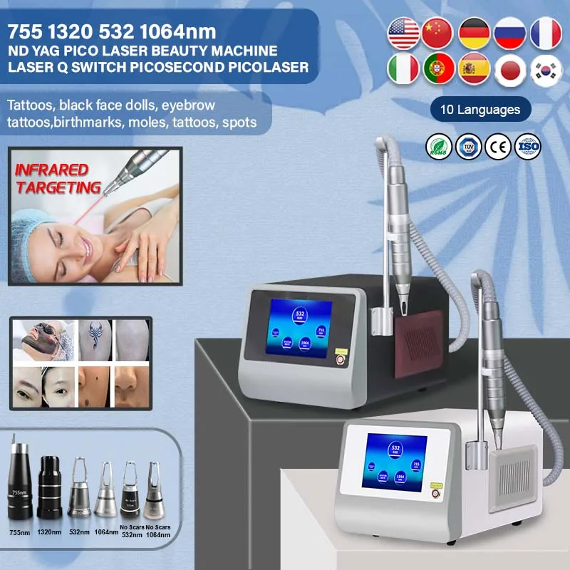 picosecond laser 1064nm 532 1320 755nm tattoo removal machine carbon peel Q-switched pigment eyebrow remove non-invasive probes