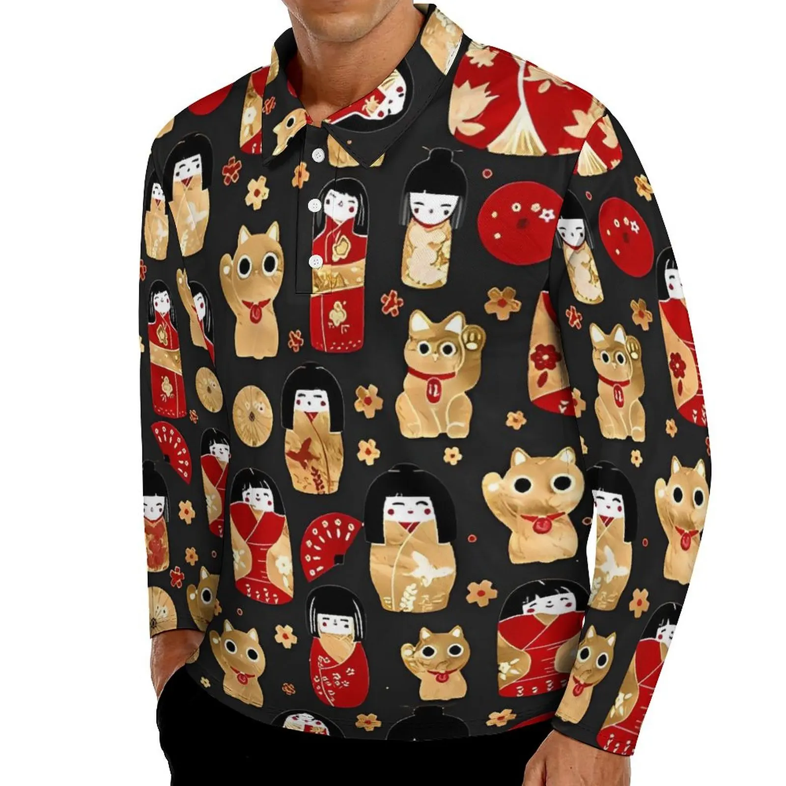 

Kawaii Japanese Dolls Casual Polo Shirts Kokeshi and Maneki Neko Cats T-Shirts Long Sleeve Design Shirt Autumn Oversize Tops