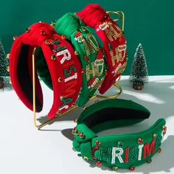 New Hot-selling Christmas Headband Handmade Beaded Rice Beads Letter MerryChristmasHOHO Pattern Hair Accessories