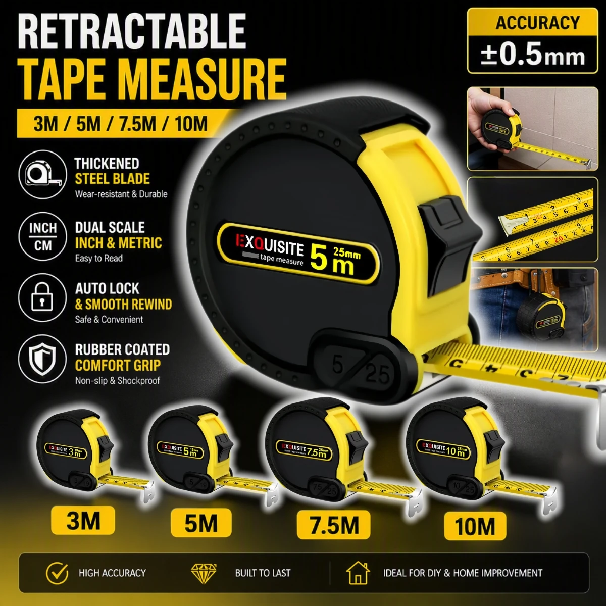 Steel Tape Measure Retractable 3 / 5 / 7.5 / 10m Meters Thickened Self-locking Woodworking Tools Precise Clear Metric Tape Ruler