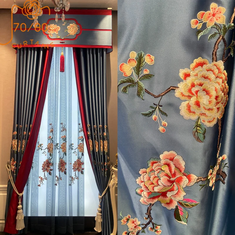 

New Chinese Peony Embroidery Window Screen Gloss Splicing Curtains for Bedroom Living Room French Window Villa Customization