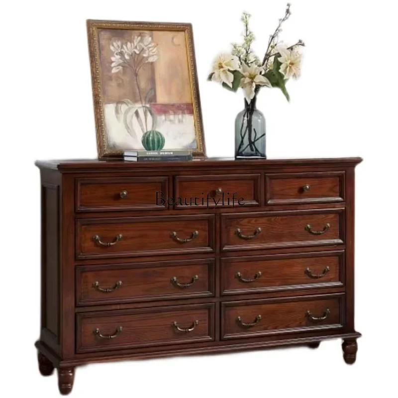 

55Solid wood chest European retro storage living room against the wall storage cabinet walnut