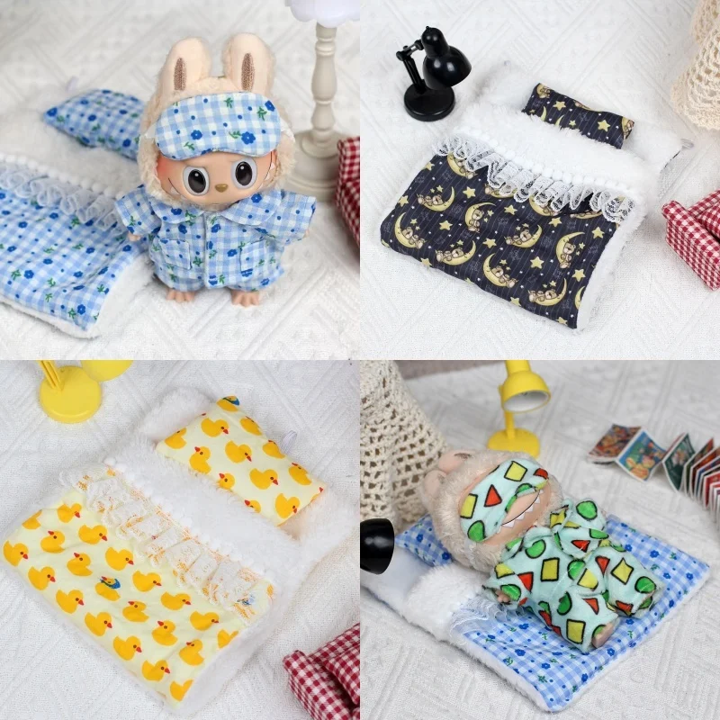 For Labubu 15 17cm Mini Doll Clothes Pajamas With Eye Mask Sleeping Bag series two-piece set Cute Idol Plush Doll Accessories