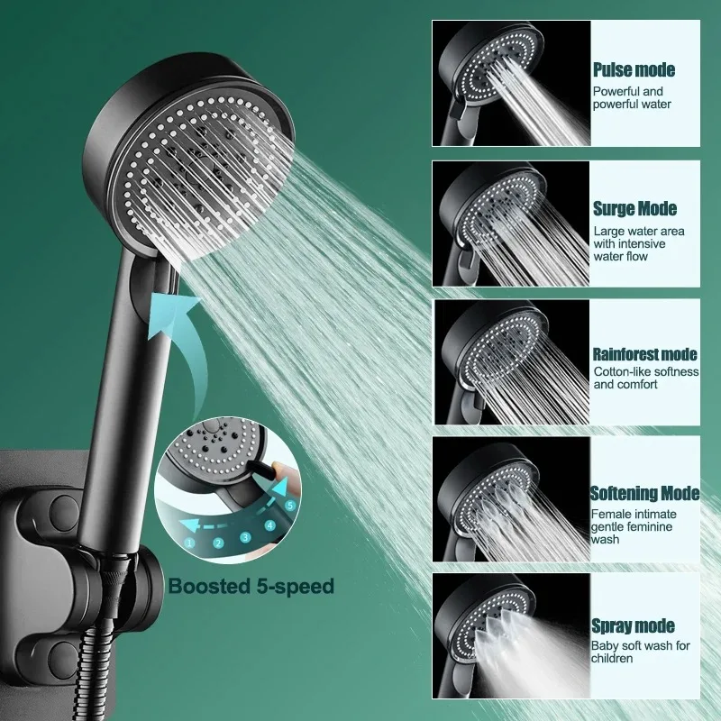 Black 5 Modes Shower Head Adjustable Water Massage Shower Head High Pressure Water Saving Shower Silicone Water Outlet Bathroom