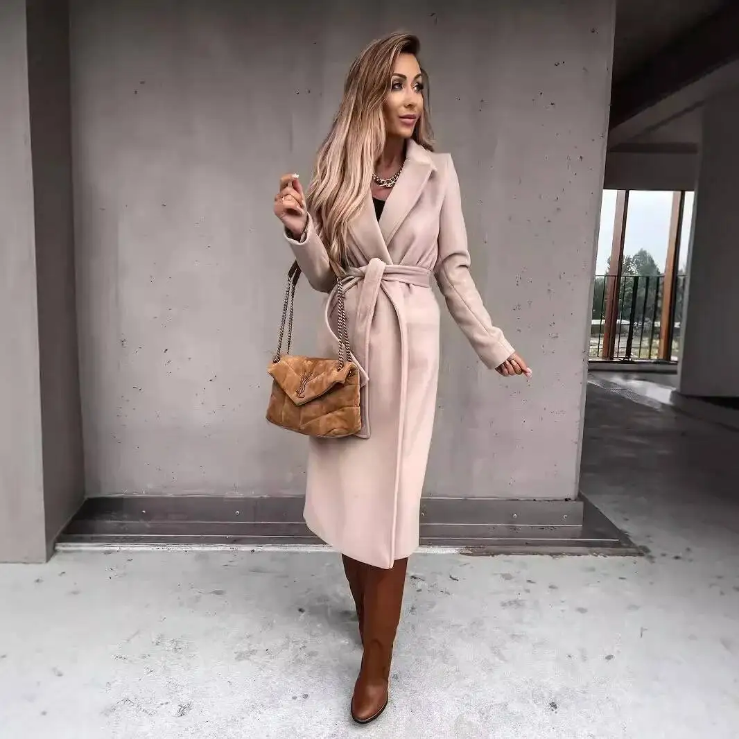 Independent Station Wish Spring Autumn Woolen Overcoat Simple Fashion V-Neck Tied Long Jacket Women's Loose Fit