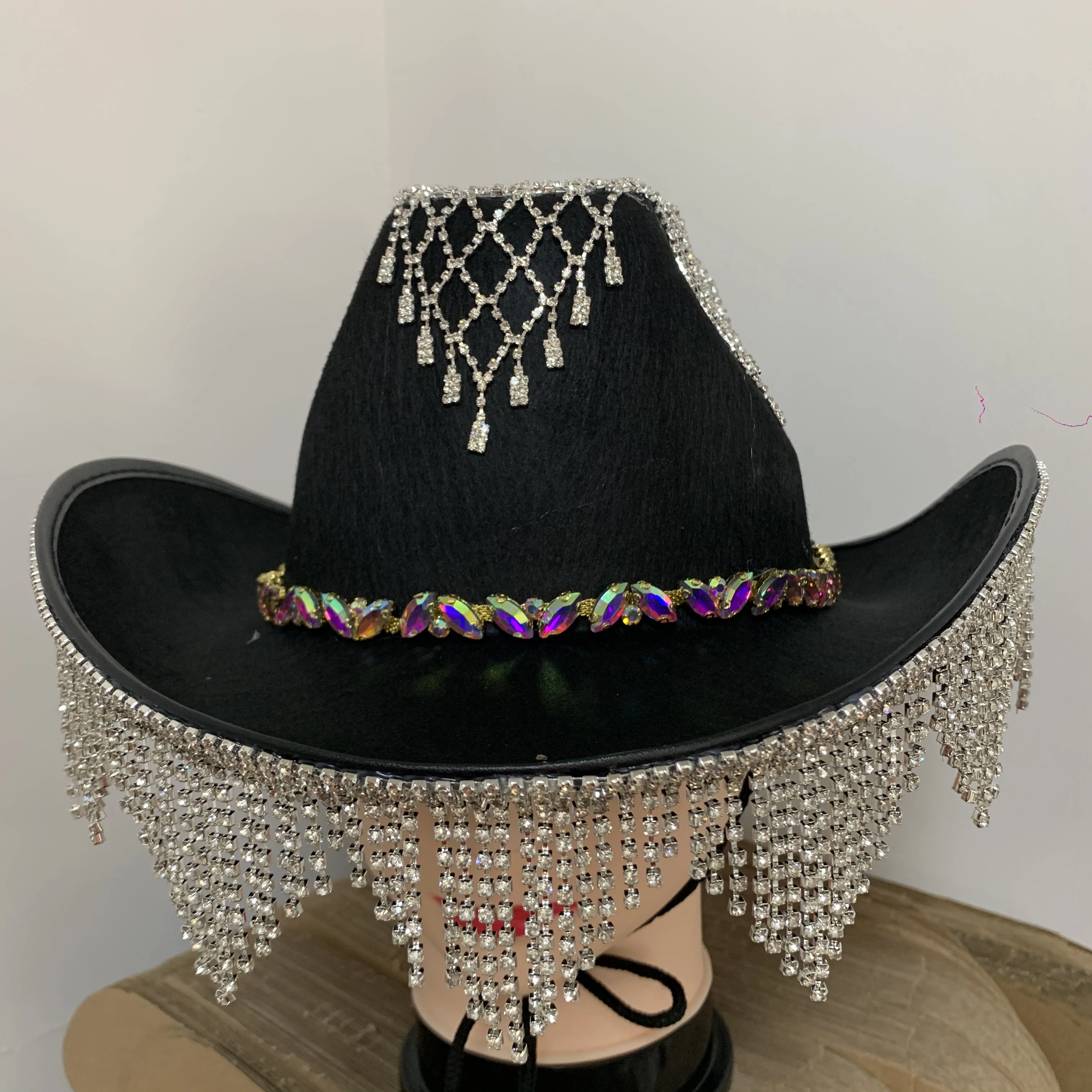 New Design Western Cowboy Hat Rhinestone Fashion Adjustable Drawstring Tassel Cowgirl Hat Wide Brim Party Jazz Top AB Diamond