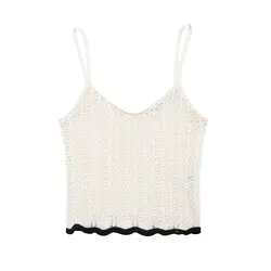 Tangada 2024 Summer Women Beige Crochet Knitted Tank Strap Female Sleeveless Camis Top BE0134