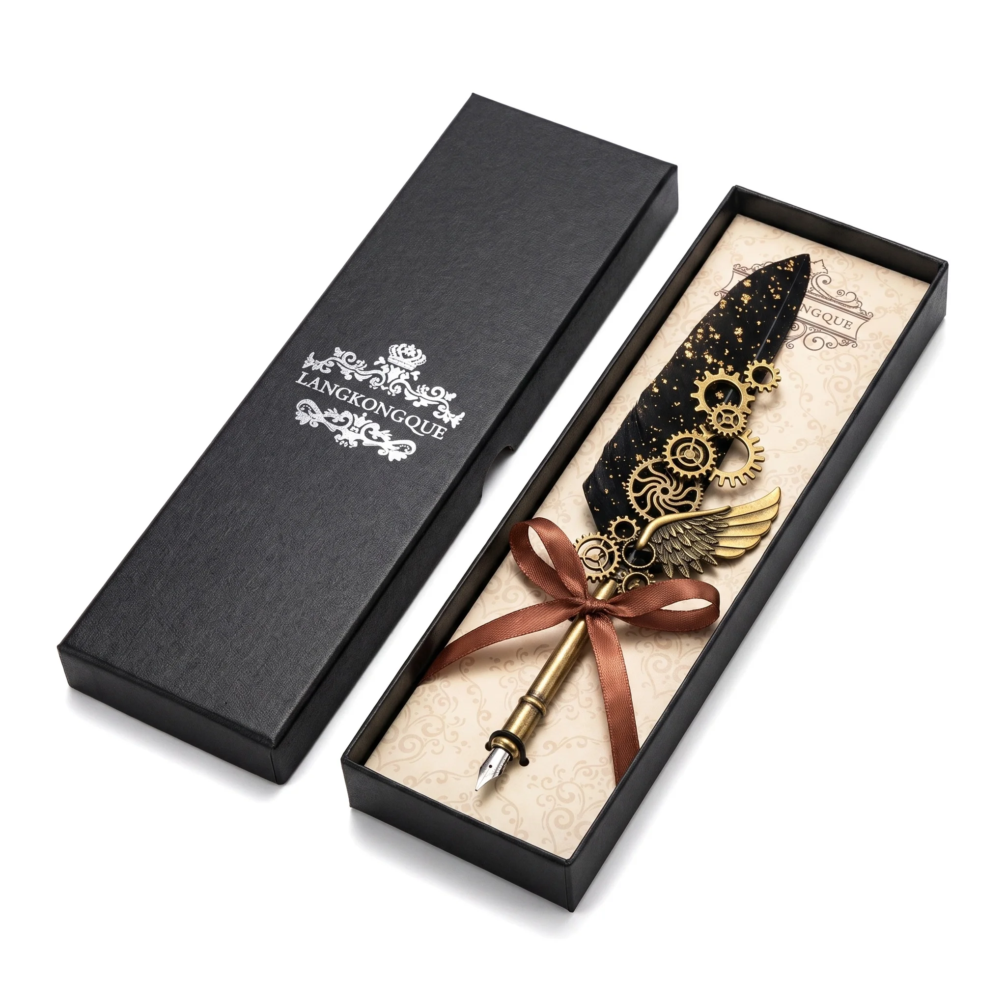 Vintage Handcrafted Steampunk Feather Quill Pen with Mechanical Gears Gold-Sprinkled Black Wing Alloy Nib for Writing Tools - view 6