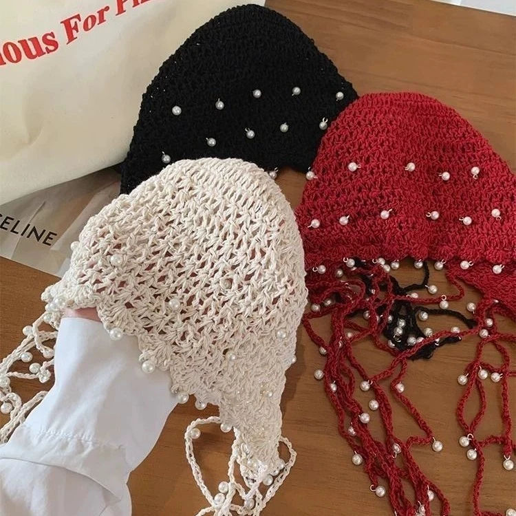 Hollow Out Pearl Tassel Pendant Headband Hat For Women  Summer Ethnic Style Knitted Pullover hat, Retro Face Enhancing Small Hat