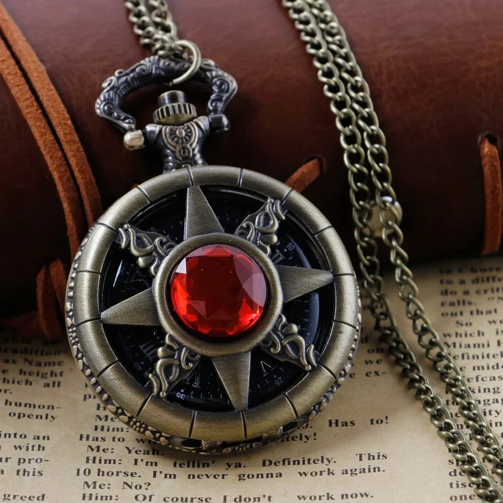Red Gemstone Inlay Design Quartz Pocket Watch Elegant Retro Women's Necklace Chain Pocket Watch Gifts for Girls Men