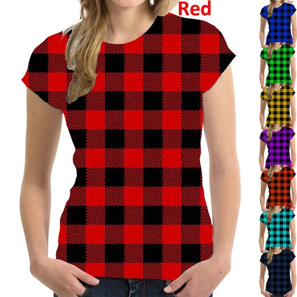 2022 Summer Women's Fashion O-neck Plaid Blouse Tops Women Short Sleeve Shirt Plus Size 2XS-6XL