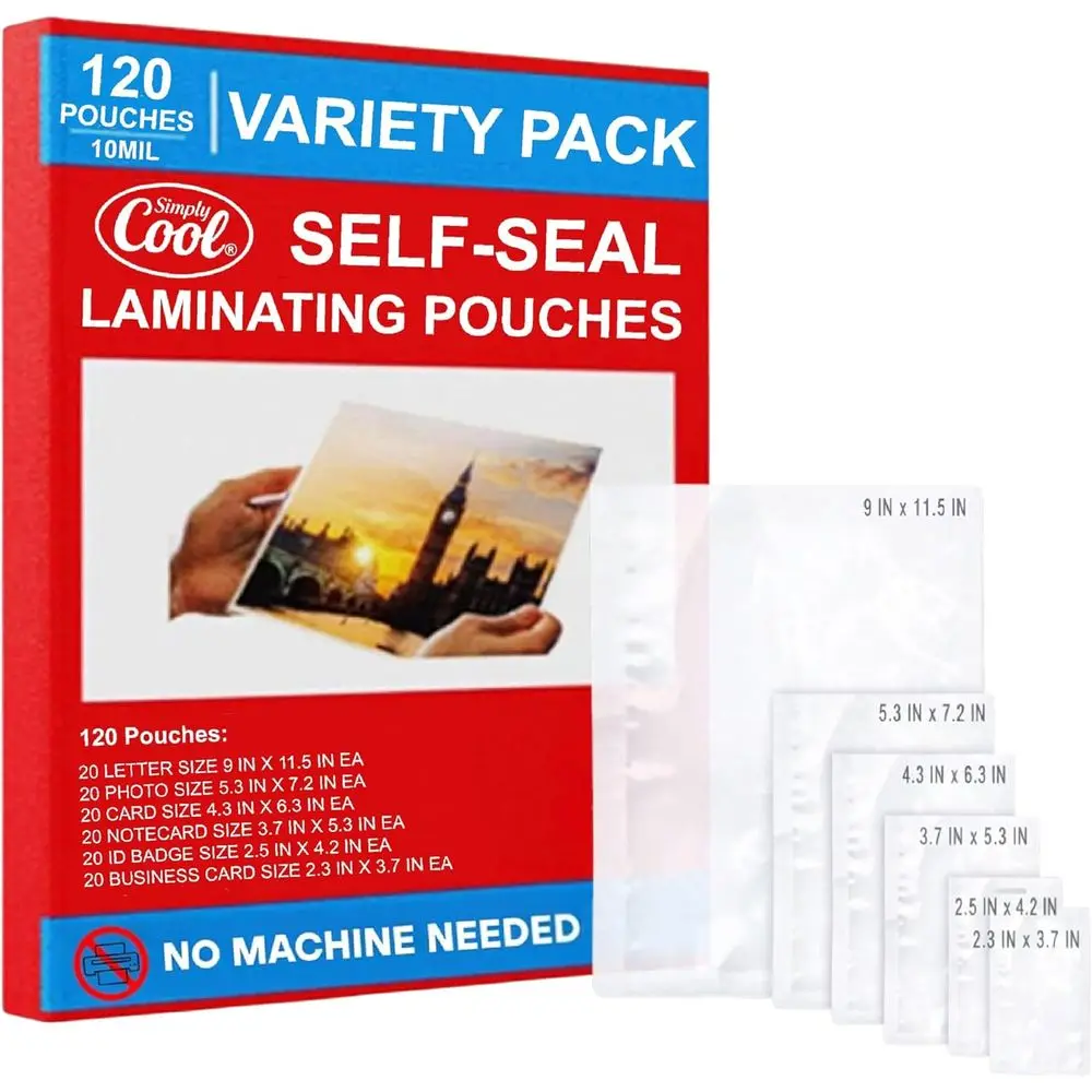 

10 Million Self-Adhesive Laminating Sheets - 120 Sizes for Letter, Photo, Cardstock, ID Badges, and Business Cards