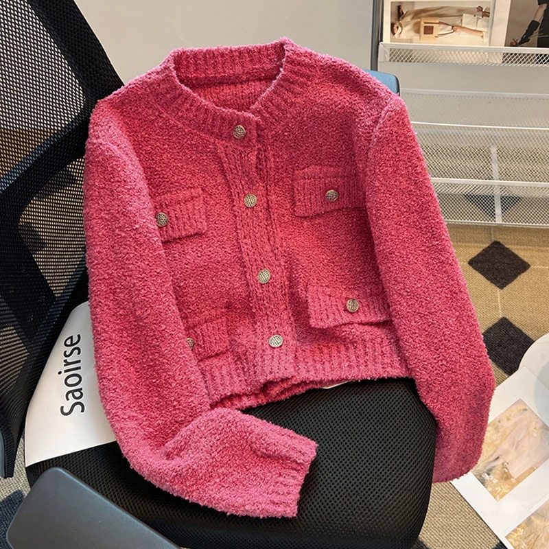 

Short Slim Sweater Cardigan For Women Autumn 2025 O-Neck Button Up Casual Solid Knitting Sweater Coat Y2K Chic Sweet Lady Top