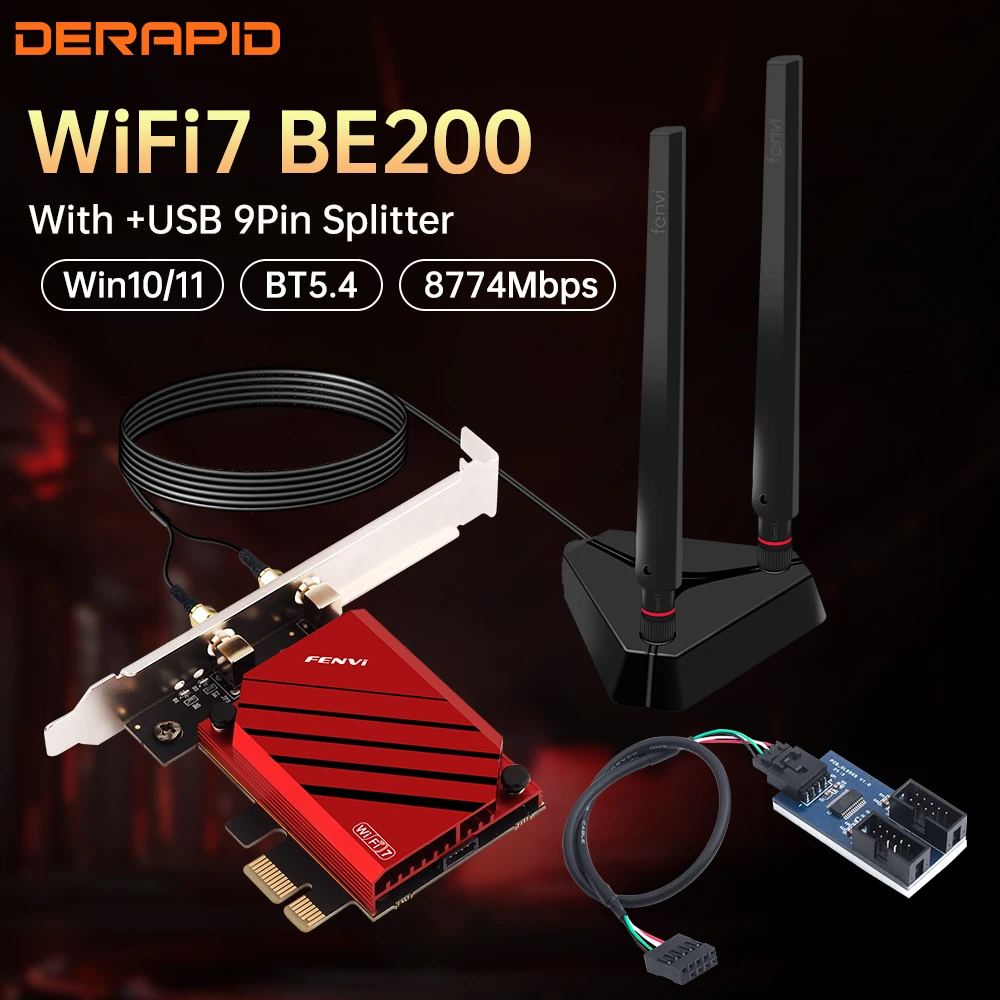 

Трехдиапазонный Wi-Fi 7 BE200 8700M PCIe-карта Bluetooth 5.4 Беспроводной сетевой адаптер для настольных ПК Win с Riser-кабелем или USB-разъемом