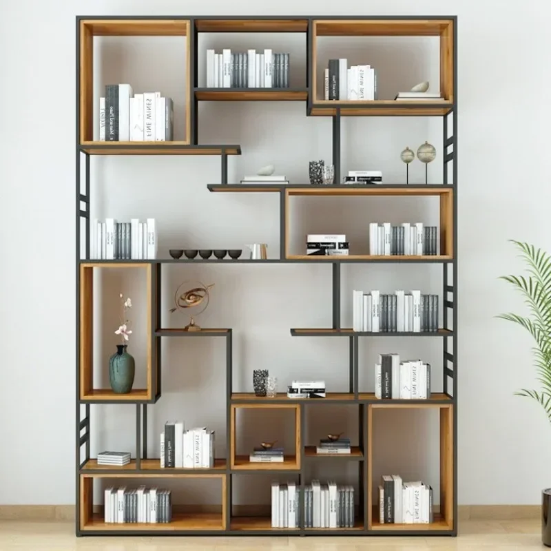 American wrought iron shelves floor-to-ceiling office screen partition living room shelf solid wood multi-layer