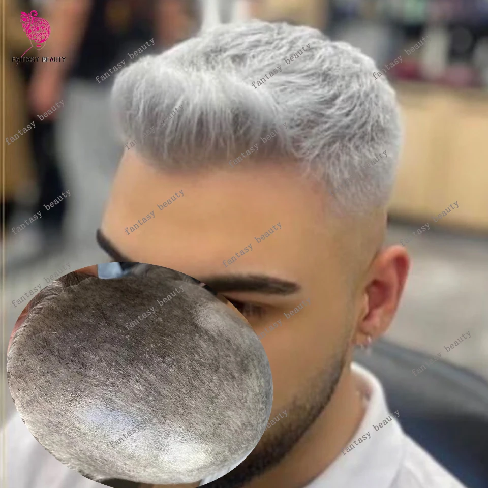 سوبر خط الشعر الطبيعي الشعر المستعار للرجال رمادي 1B40 1B65 1B80 أسود براون دائم رقيقة مايكرو الجلد هيربيسي وحدة الشعر البشري شعر مستعار الذكور