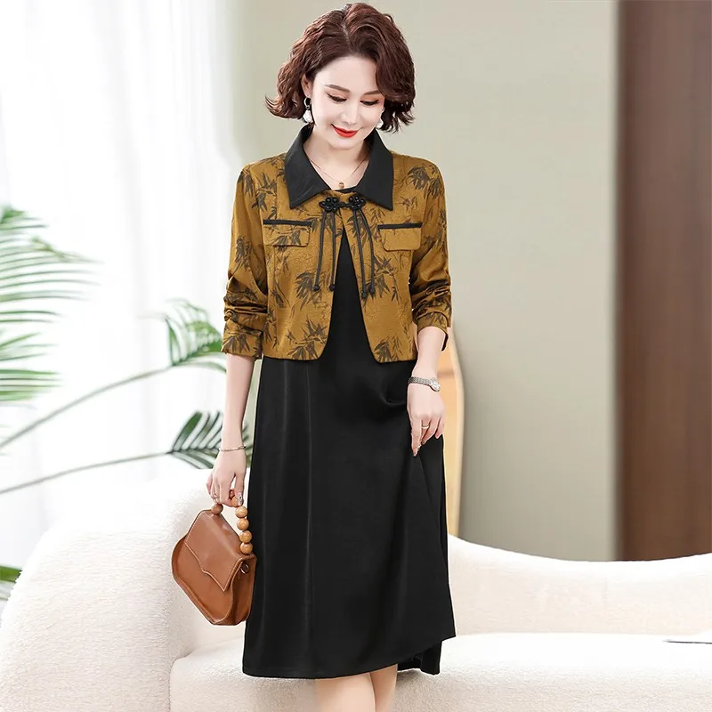 New Spring Autumn Long Sleeve Dress For Middle-aged Elderly Mothers Stylish Fashionable 2-piece Set