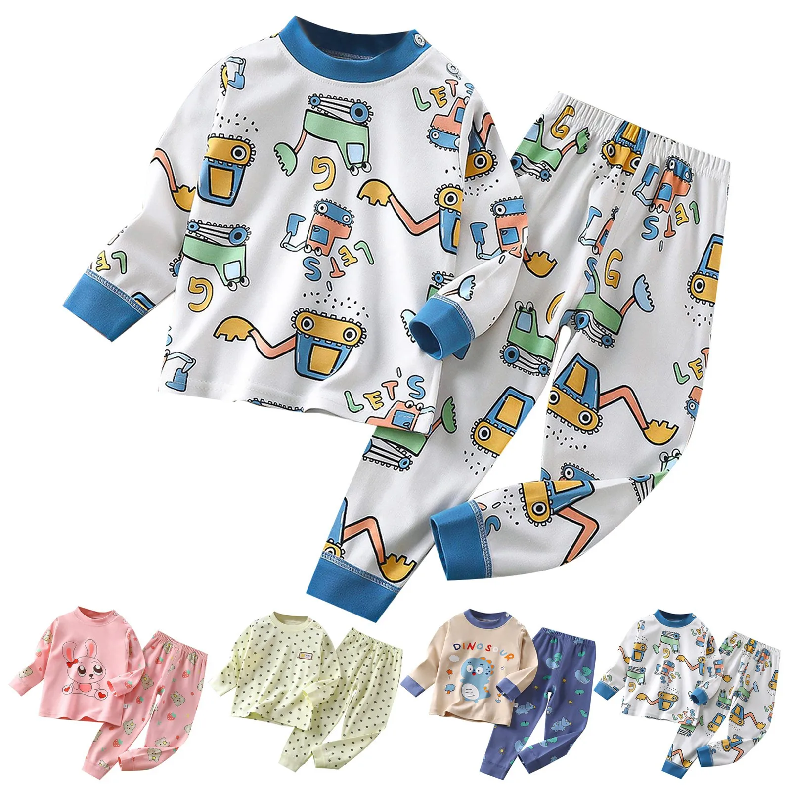 Cartoon Sleep Clothing Toddler Boys New Style Printed Home Wear Suits Girl Cotton Tops Pants Thin Round Neck Long Sleeve Pajamas