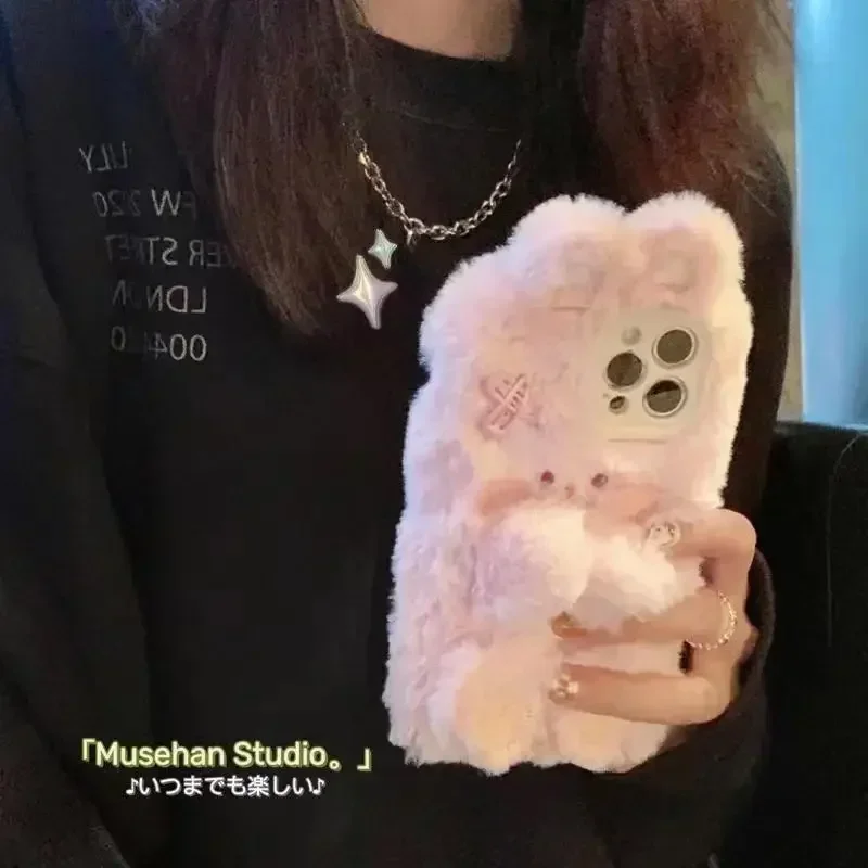 Pink Rabbit Suitable for Phone Case Soft Plush Phone Case For iPhone 11 12 13 14 15Pro Max mini Plus 3D Furry Fur Back Cover