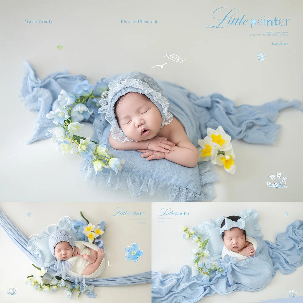 Blue Floral Themed Newborn Photography Props Set Knit Bonnet Bow Headband Soft Cotton Wrap Flower Decor for Baby Studio Shooting