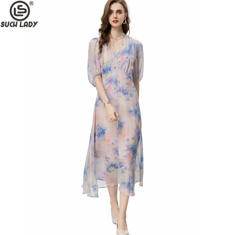 Women's Runway Dresses V Neck Beaded 3/4 Sleeves Printed Casaul Elegant Designer Vestidos