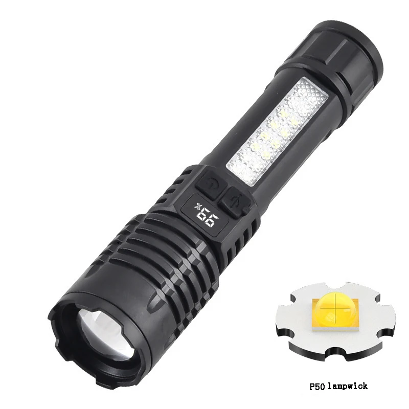 Strong Light Warning Flashlight Household Outdoor Lighting Rechargeable Digital Display Red Blue White Multi-level Side Light