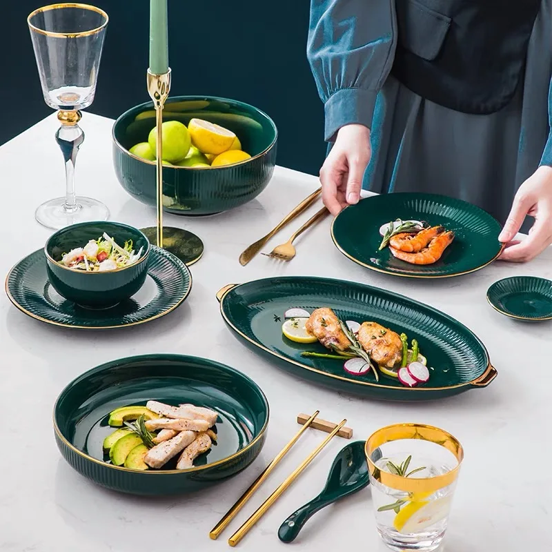 Green Porcelain Dinner Ceramic Dishes Plates for Food Salad Soup Bowl Tableware set for 1/2/4/6/8 Person for Party Restaurant