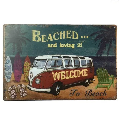 Combi Beached Tin Sign Red Beach Campervan Car Garage Man Cave 30cmx20cm --Tin Sign