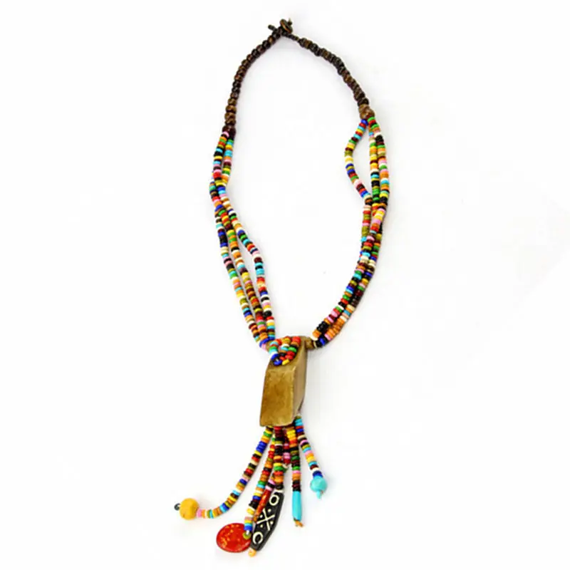 Tibetan Rainbow Ox Bone Beaded Necklace Multi Strands Statement TNL162