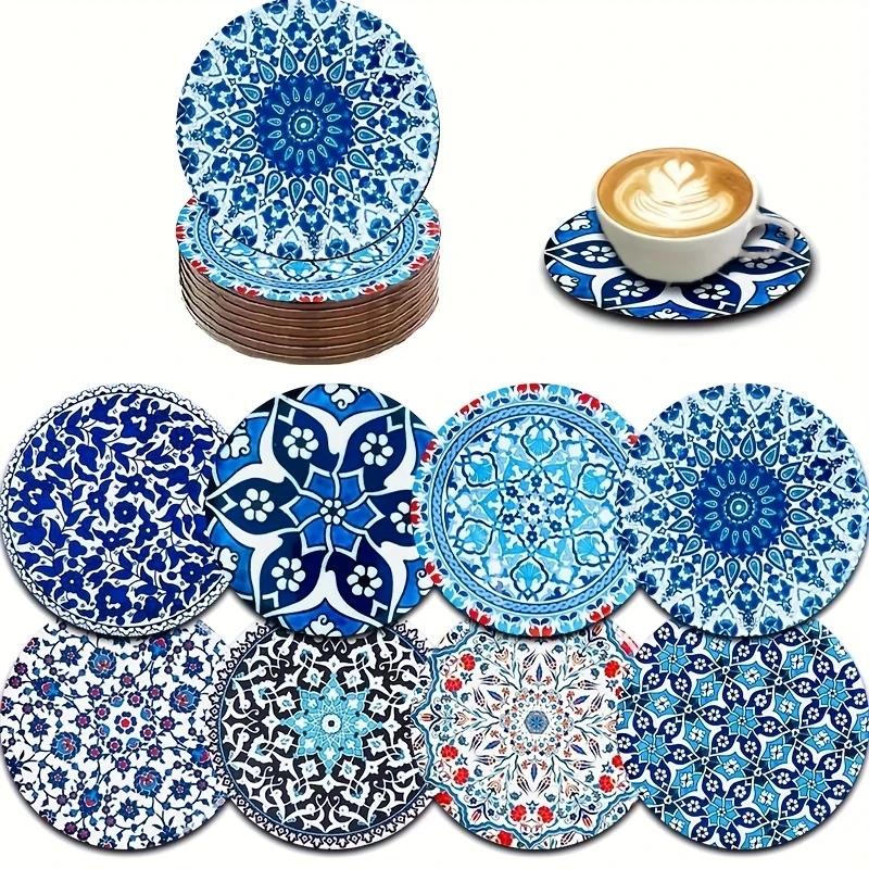 8 Stück 2D Flache 4-Zoll Mandala-Muster Holz-Tassenuntersetzer Geometrisches Blumendesign Rutschfeste Hitzebeständige Untersetzer für Getränke Kaffee Tee Tassen
