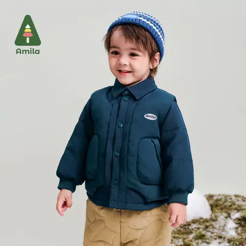 Amila 아기 다운 재킷, 남아 및 여아용 라펠 단색 흰색 덕 다운 따뜻한 어린이 투피스 세트, 2024 겨울 신상 하이 퀄리티