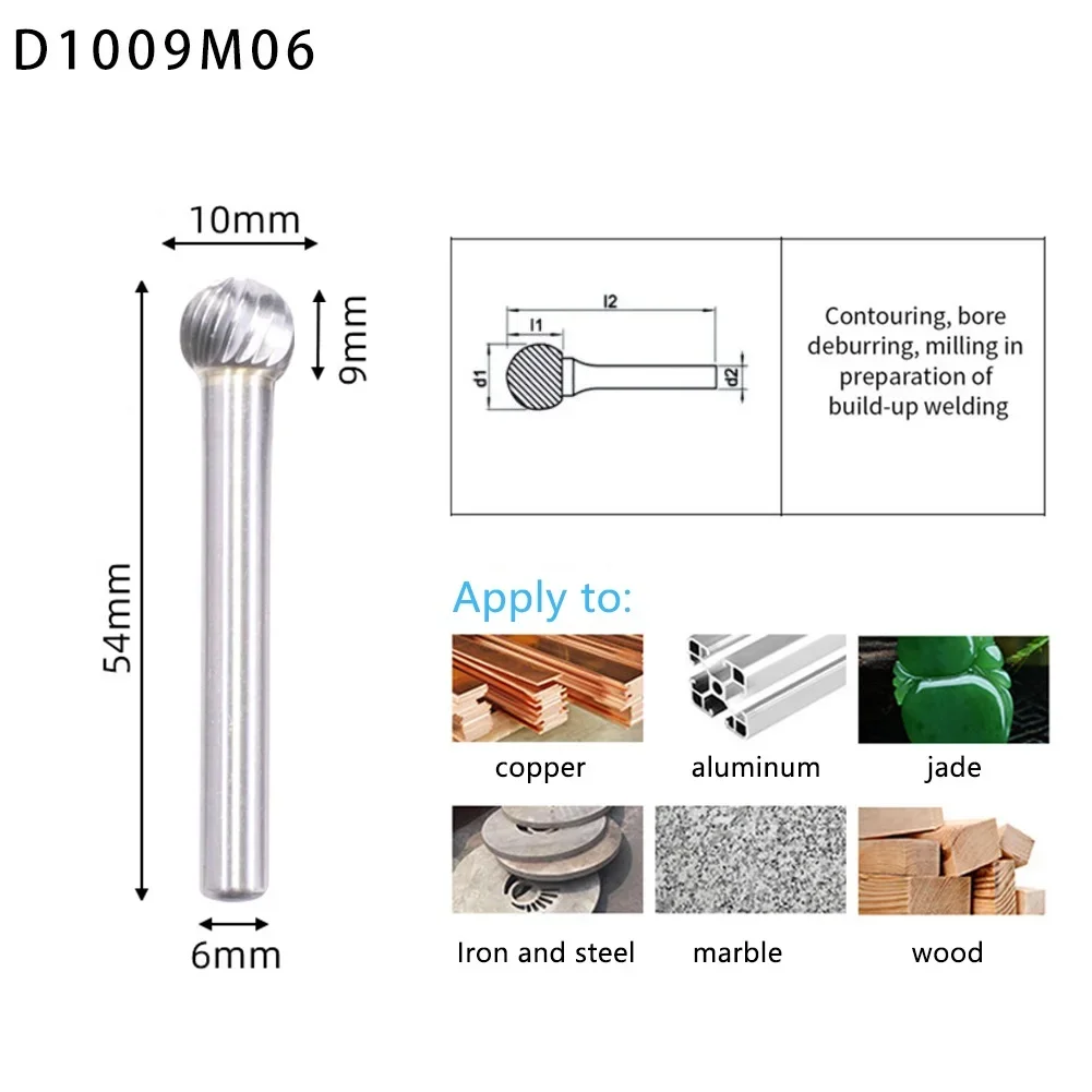 Bola Cabeça Rotary Burr Cortador de Metal, Único e Duplo Corte Tungsten Carbide Grinder Bits, Escultura, Ferramentas elétricas rotativas abrasivas, Tipo D