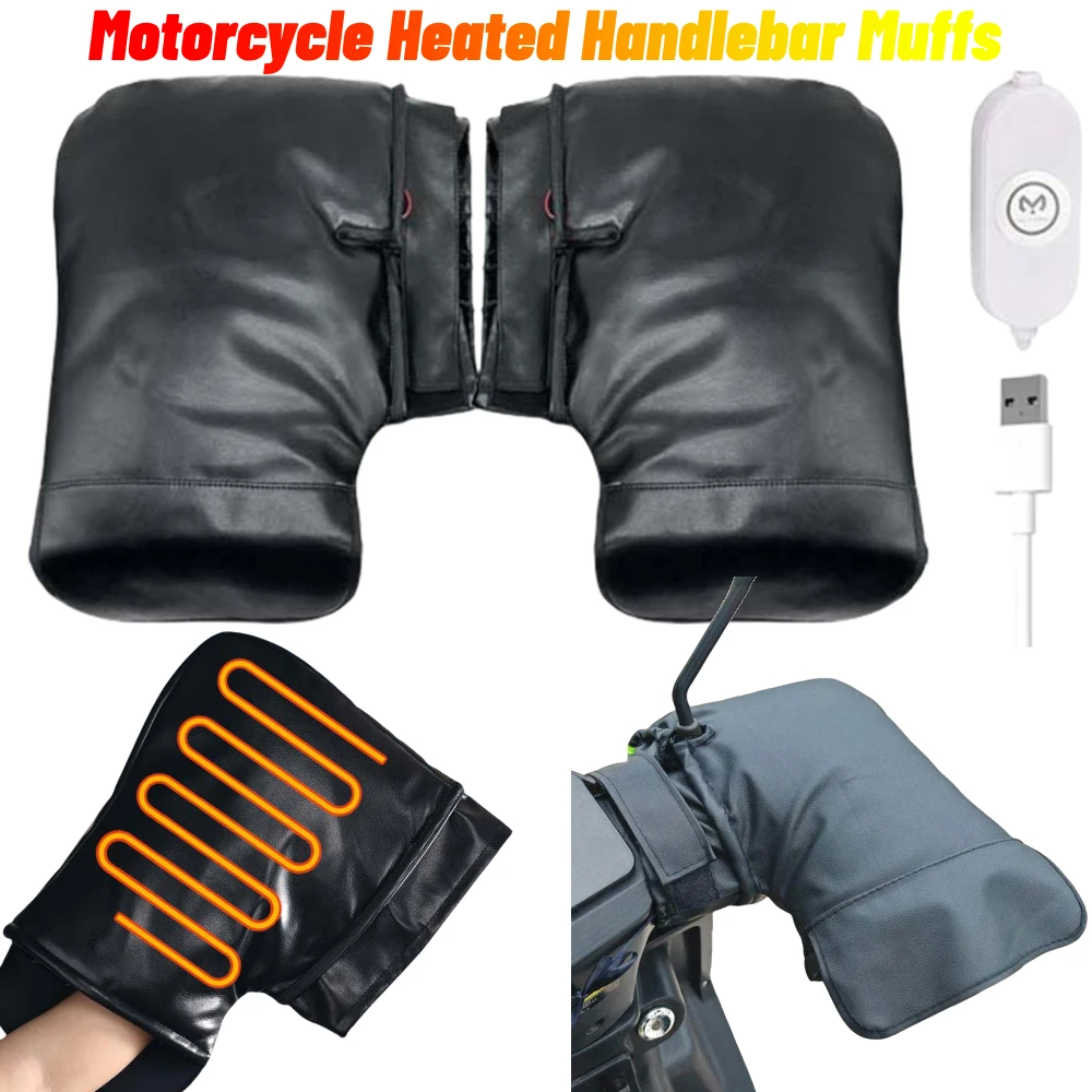 Electric Heating Handlebar Gloves 3 Levels Setting Motorcycle Heating Warm Muffs USB Charging for Bicycle MTB Motorcycle Scooter