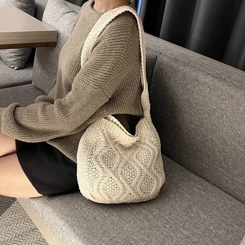 

Knitted Bags For Women Vintage Shoulder Crossbody Bag Shopping Eco Bag Korean Messenger Bag Y2K Handbags Soft Crochet Bag Trend