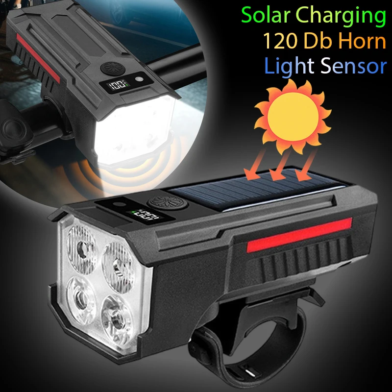 Solar Bicycle Lights Front Intelligent Light-sensing Bike Front Lamp with 120 Decibel Horn Type-c Charging Headlight LED Light
