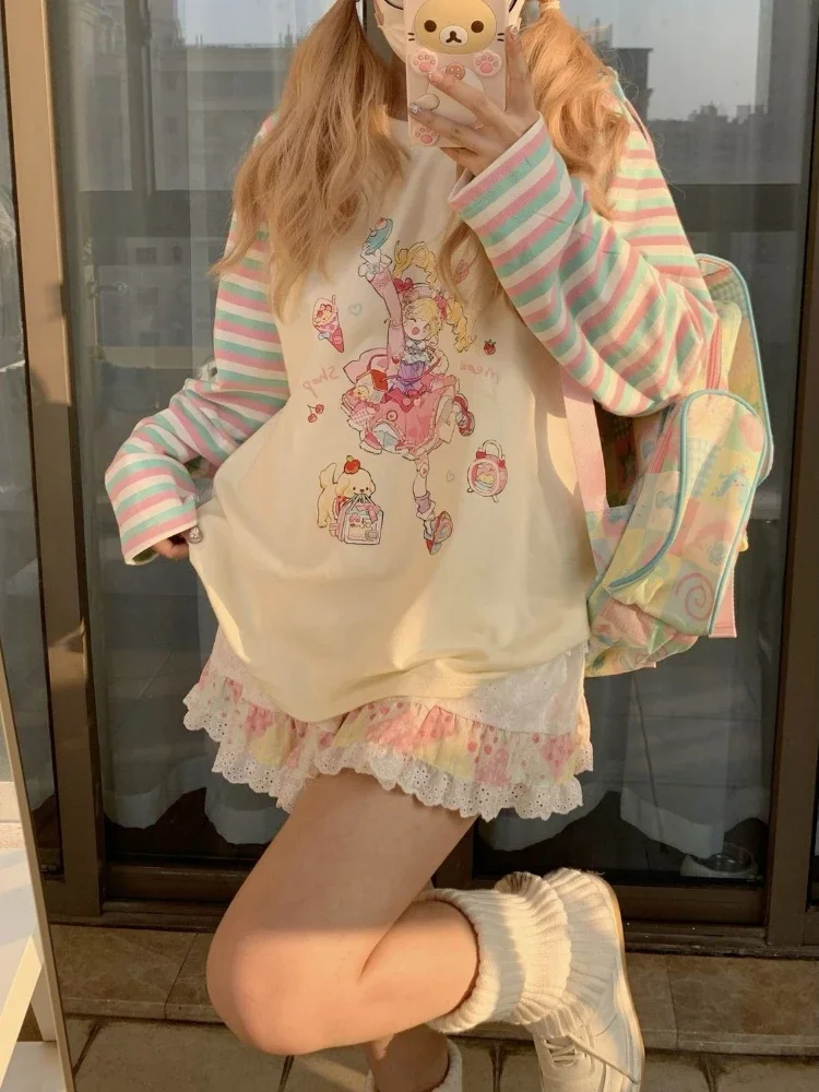 Women Cute Clothing Kawaii Arcane Anime Printed T-shirt Autumn New Subculture Pink Long-sleeved T Shirt Fashion Design Sense
