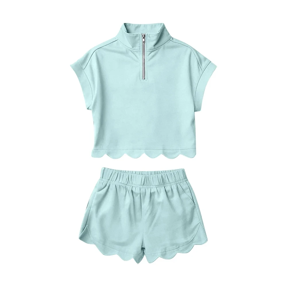 New Summer Style Pure Cotton Short-sleeved Half-zip Top and Shorts Fashionable Boutique Girls' Set