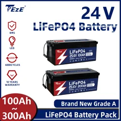 TezePower 24V 100AH 200Ah 300AH Lifepo4 Battery Pack With Active Balancer,Built in Daly BMS Rechargeable Cells