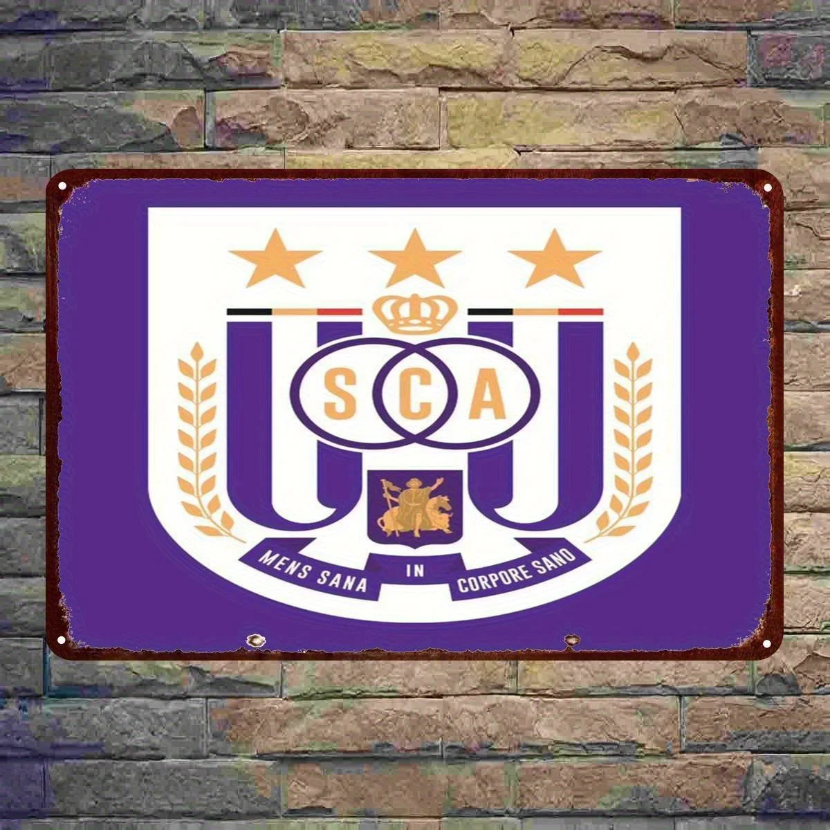 [ ] Vintage SCA Logo Metal Tin Sign -  , Purple & Golden Crown & Stars Design, Rustic Wall Decor for Home or Bar, Metal Wall Ar