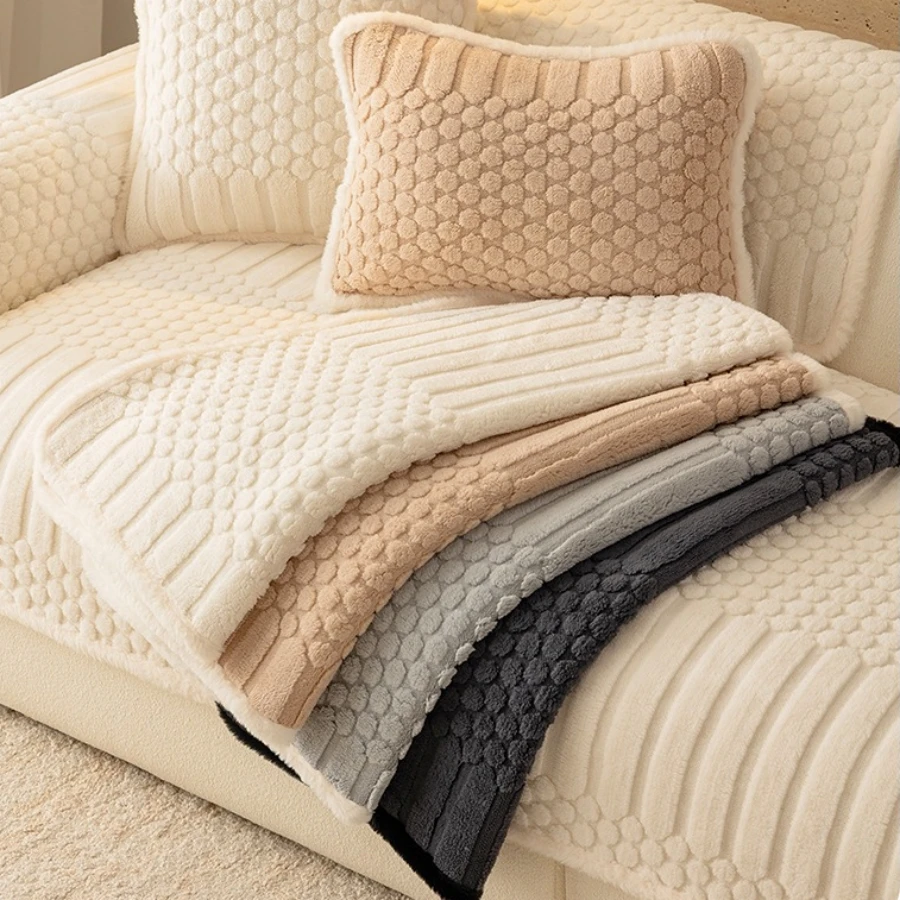Cremiger, flauschiger, getufteter Fleece-verdickter, warmer, rutschfester Sofabezug, gemütliches Sofa-Schonbezug-Handtuch für Wohnzimmersofas – Detail 1