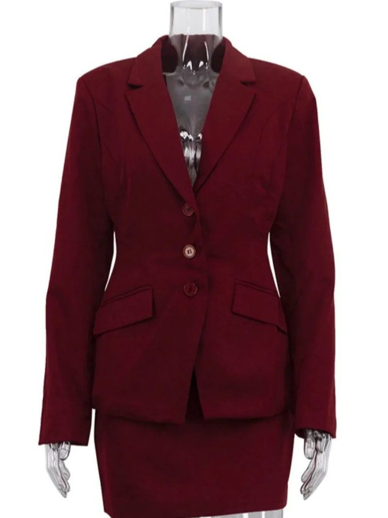 FDYOUI Elegant Office Lady Single Breasted Suit+Skirt Two Piece Set Women's Fashion Wine Red Blazer Coat Dress Suits High Street