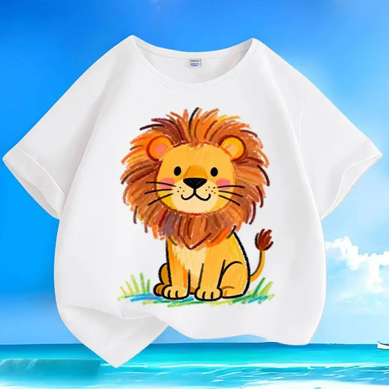 New Summer Graffiti Cute Lion Pure Cotton Printed Children's Round Neck T-shirt Loose Casual Short Sleeved Parent-child Top view 2
