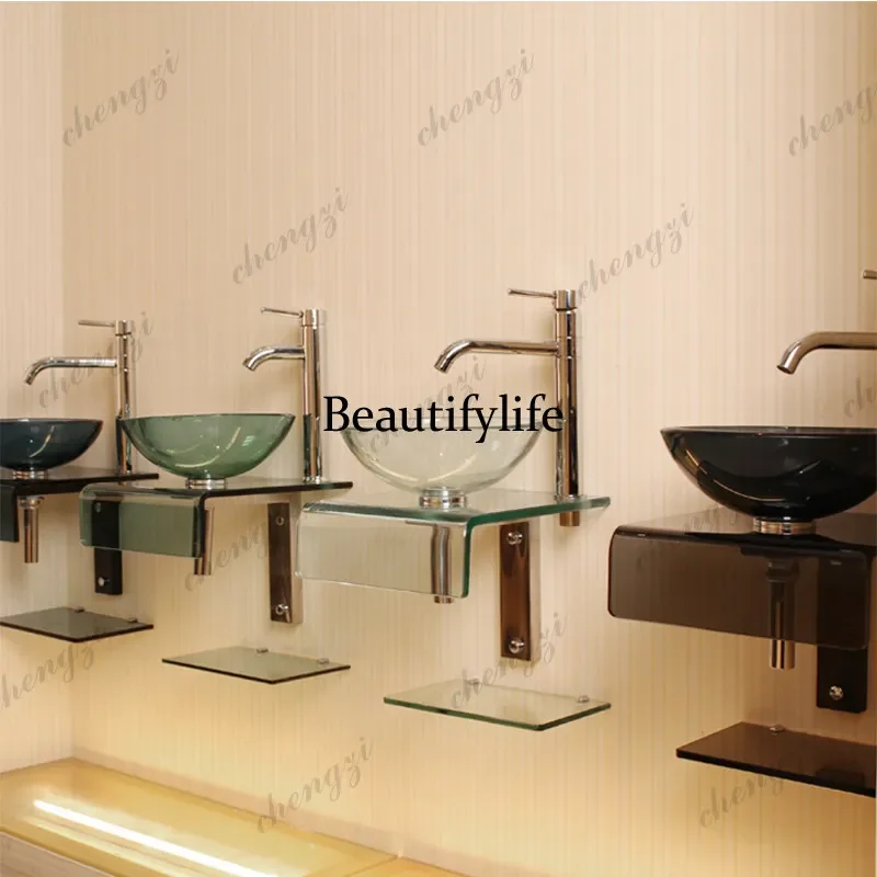 NQ52 PPP Tempered Glass Countertop Sink, Small Space Wall Mounted Hand Wash Basin with Stand, Bathroom Vanity Sink Set