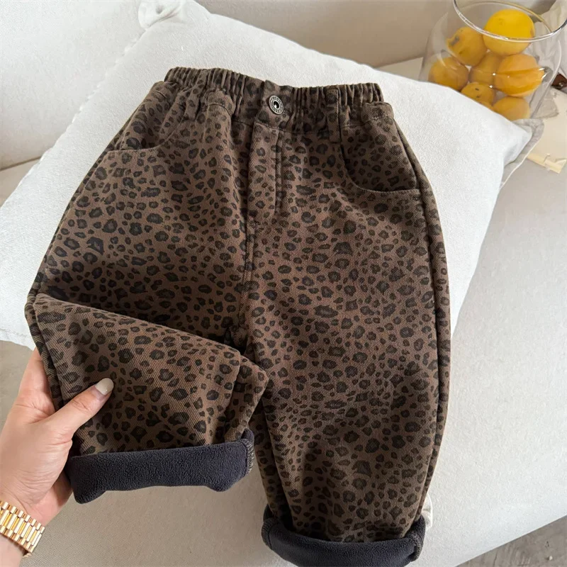 Kids Leopard Print Pants 2024 New Autumn Add Velvet Fashion Simple Style Baggy Casual