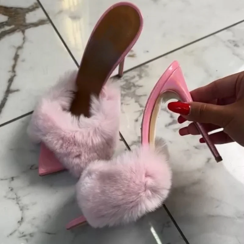 

Elegant Fur High Heel Sandals Pointy Toe Black Pink Patent Leather Slip On Female Mules Shoes Stiletto High Heels Slippers