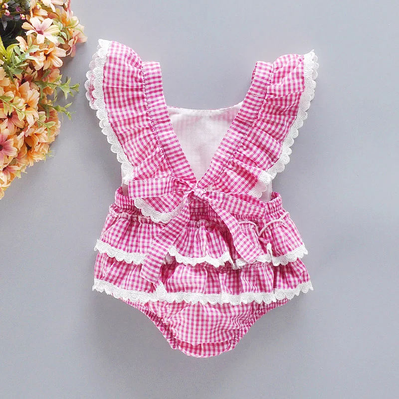 Newborn Summer New Crawling Suit With Flying Sleeves  Plaid Pattern  Lace, Bow  And Buttocks  Suitable For Babies Aged 0-2