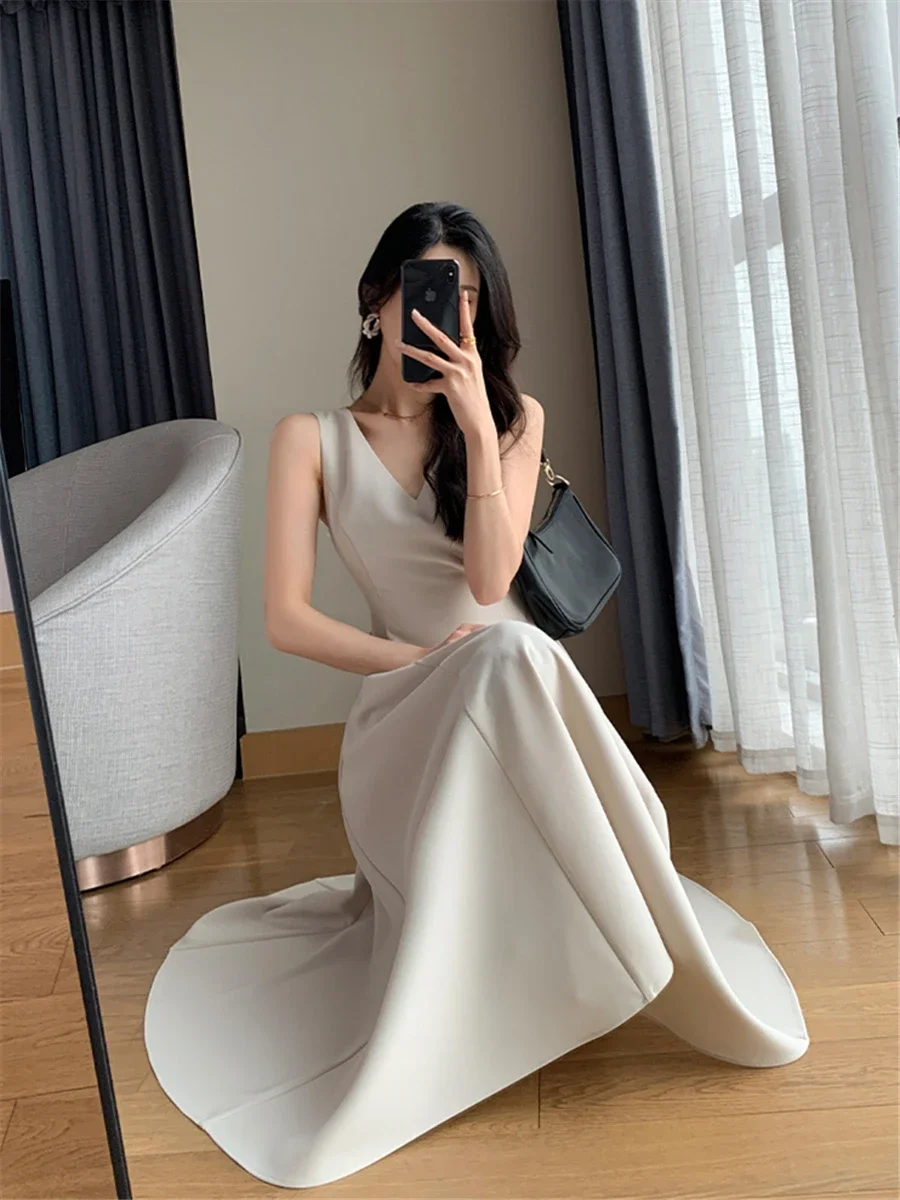 우아한 브이넥 민소매 A라인 선드레스, 슬림 포켓, 이브닝 파티 드레스, 여성용 미디 원피스, 2023 여름 신상