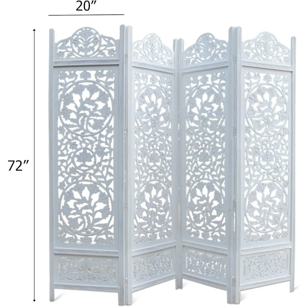 مقسم غرفة قابل للطي مكون من 4 ألواح من القطن مع لمسة نهائية بيضاء عتيقة من Kamal، 72 × 80 - شاشة أرضية خشبية محمولة وقابلة للعكس f #2